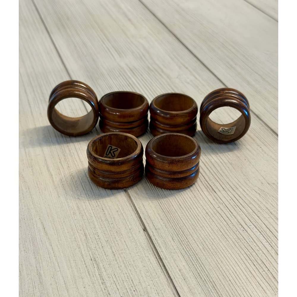 Knobler Taiwan Vintage Wood Napkin Rings Set 6 Brown Ribbed Mid Century Modern